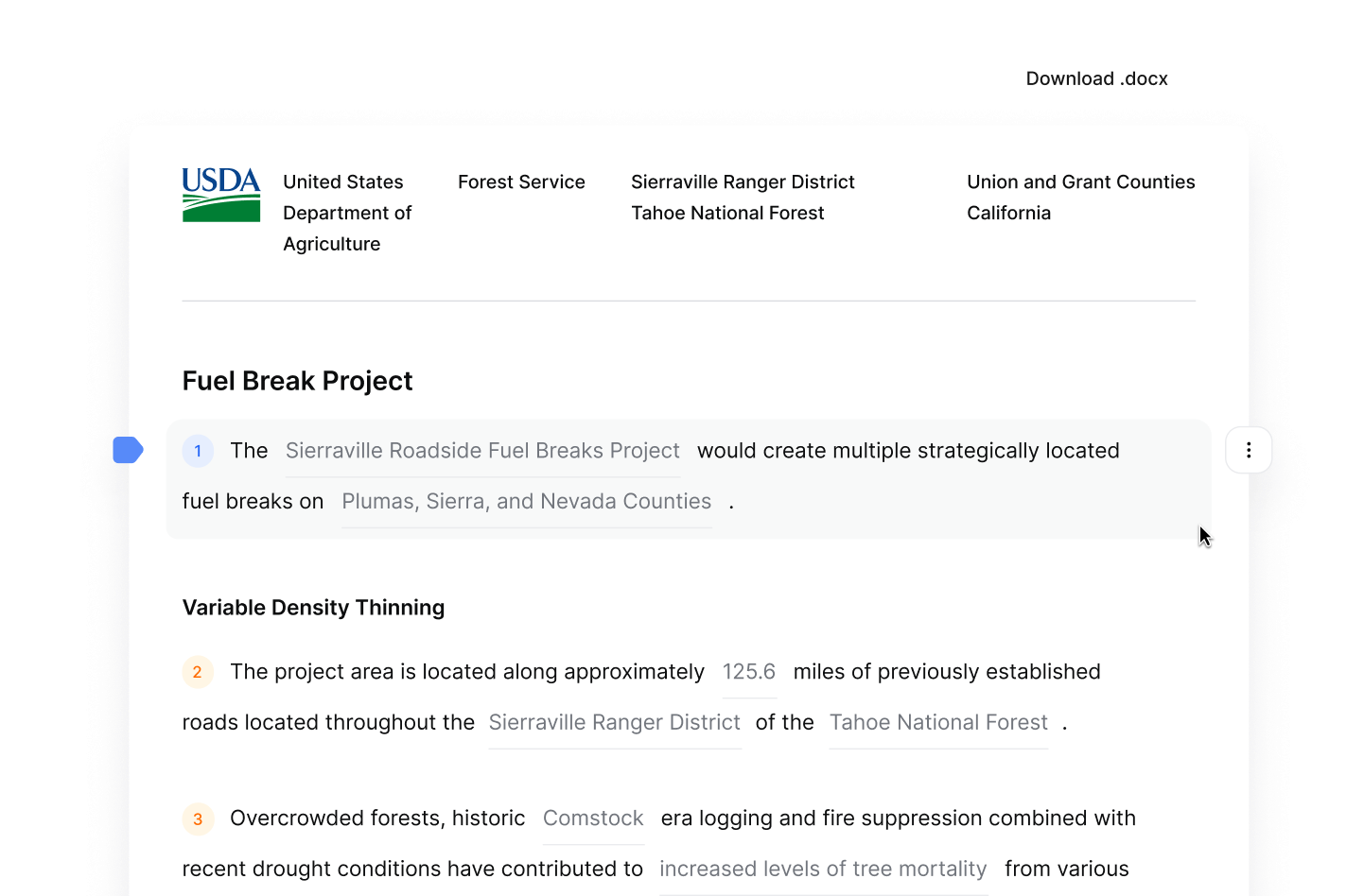 USDA Forest Service document outlining a Fuel Break Project in the Sierraville Ranger District of Tahoe National Forest.